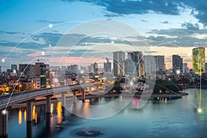 Smart city and wireless communication network concept. Digital network connection lines of Hanoi at Hoang Cau lake