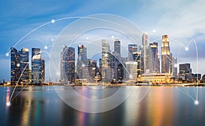 Smart city and wireless communication network concept. Digital network connection lines of Singapore at Marina Bay