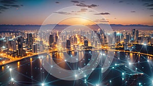Smart city and wireless communication network over the city at night. Global network connection concept, Global network connection