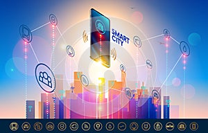 Smart city wireless communication network with smart phone. City infrastructure icons set. Isometric Smartphone over urban