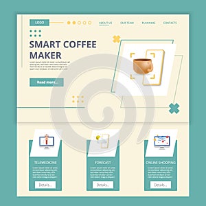 Smart coffee maker flat landing page website template. Telemedicine, forecast, online shopping. Web banner with header