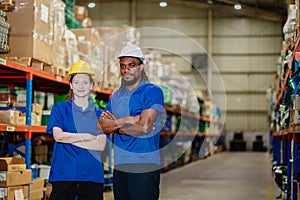 smart confident warehouse worker team portrait standing together happy smiling for industry labor enjoy working teamwork