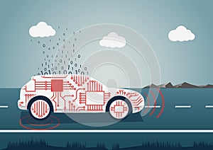 Smart connected car illustration. Car icon with sensors and big data upload as example for digital mobility