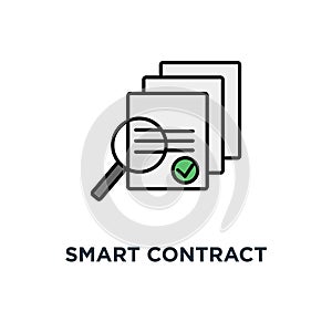 smart contract audit or smart contract review icon, symbol of outline concept main electronic blockchain ico document with loupe