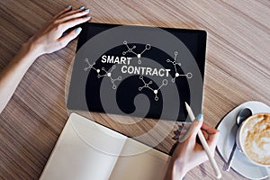 Smart contract blockchain based technology concept on screen. Cryptocurrency, Bitcoin and ethereum.
