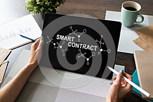 Smart contract blockchain based technology concept on screen. Cryptocurrency, Bitcoin and ethereum