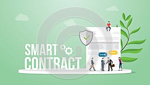 Smart contract concept with big words team people and paper document with stamp and business man deal agreement - vector