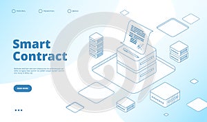 Smart contract concept. Ethereum cryptography technology. Contractor agreement with digital signature vector isometric