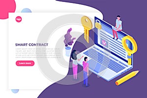 Smart contract, Digital signature isometric concept. Blockchain technology.