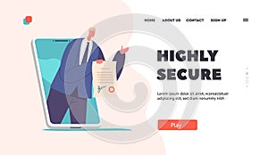 Smart Contract And Highly Secure Digital Electronic Signature Landing Page Template. Tiny Business Man Holding Document