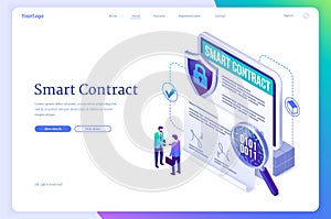 Smart contract isometric landing page, signature