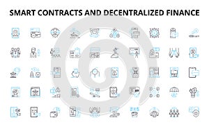 Smart contracts and decentralized finance linear icons set. Ethereum, Blockchain, Tokenization, Interoperability