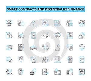 Smart contracts and decentralized finance linear icons set. Ethereum, Blockchain, Tokenization, Interoperability