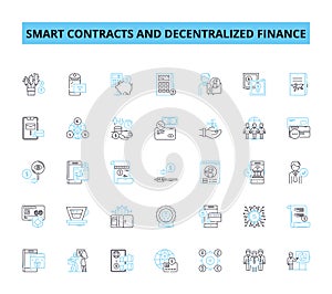 Smart contracts and decentralized finance linear icons set. Ethereum, Blockchain, Tokenization, Interoperability