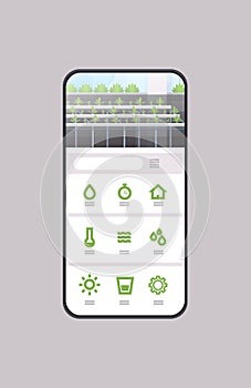 Smart control farming system mobile application organic hydroponic green plants row cultivation farm greenhouse