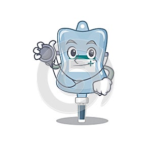 Smart and cool saline bag cartoon character in a Doctor with tools