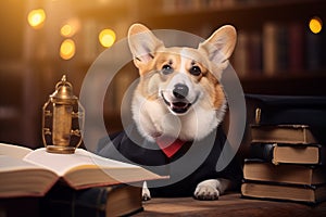 Smart Corgi dog teacher professor graduated sit with a working desk with books and library background Generative AI