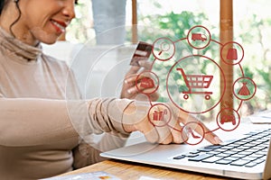 Smart customer open online store use credit card for online shopping. Cybercash.