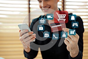 Smart customer open online store use credit card for online shopping. Cybercash.