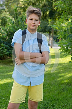 Smart, cute, young boy in blue shirt holds workbooks in his arms in the park in the summer. Back to school, education