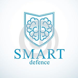 Smart Defense, concept of intelligent software antivirus or firewall. Human anatomical brain composed with guard ammunition shield photo