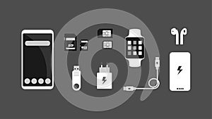 Smart device illustration. Gadgets desk. Workstation ecosystem. Smartphone smartwatch.