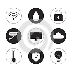 Smart devices at home black and white 2D line cartoon icons set