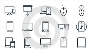 smart devices line icons. linear set. quality vector line set such as tablet, monitor, smart devices, phone, phone, smartphone,
