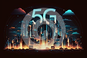 Smart digital city with connection network reciprocity over the cityscape. 5G concept