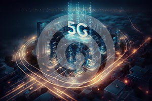 Smart digital city with connection network reciprocity over the cityscape. 5G concept