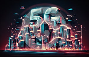 Smart digital city with connection network reciprocity over the cityscape. 5G concept