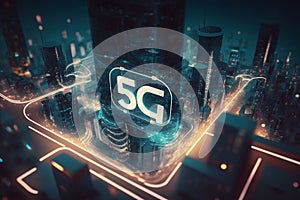 Smart digital city with connection network reciprocity over the cityscape. 5G concept