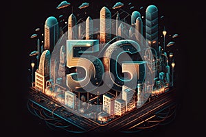 Smart digital city with connection network reciprocity over the cityscape. 5G concept, Generative AI