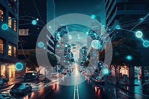 Smart digital city with connection network reciprocity over the cityscape. 5G concept photo