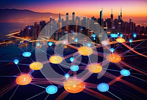 Smart digital city with connection network reciprocity over the cityscape photo