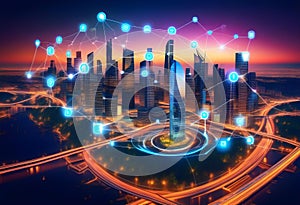 Smart digital city with connection network reciprocity over the cityscape photo