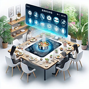 smart dining table with built-in induction cookers for personalized hot pot experiences HD futuristic image