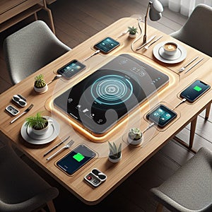 a smart dining table with integrated wireless charging stations for electronic devices.