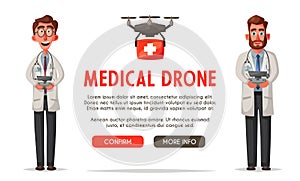 Smart doctor with drone. Modern hospital. Cartoon vector illustration