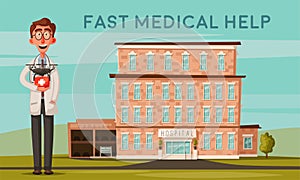 Smart doctor with drone. Modern hospital. Cartoon vector illustration