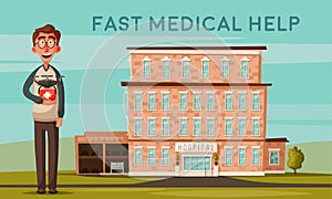 Smart doctor with drone. Modern hospital. Cartoon vector illustration