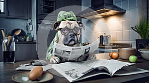 Smart dog reading and holding newspaper at home