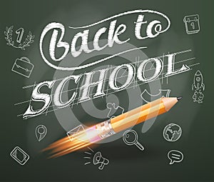 Smart education. Back to school with hand drawn education icons. Rocket ship launch with pencil - sketch on the blackboard,