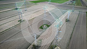 Smart electricity pylons, national grid 5G connectivity, IOT concept. Graphic