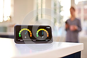 Smart Energy Meter In Kitchen Measuring Domestic Electricity And Gas Use With Figure In Background