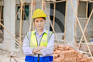 Smart engineer confident lady builder woman girl smile in construction site happy worker