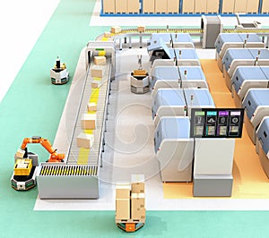 Smart factory with AGV, robot carrier, 3D printers and robotic picking system