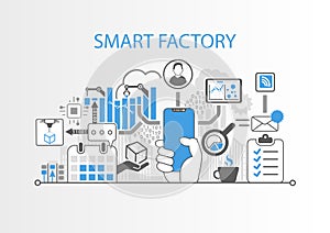 Smart factory concept with hand holding modern bezel free smart phone