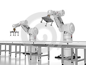 Smart factory concept with robot arms and empty conveyor line
