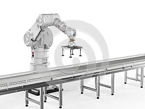 Smart factory concept with robot arms and empty conveyor line